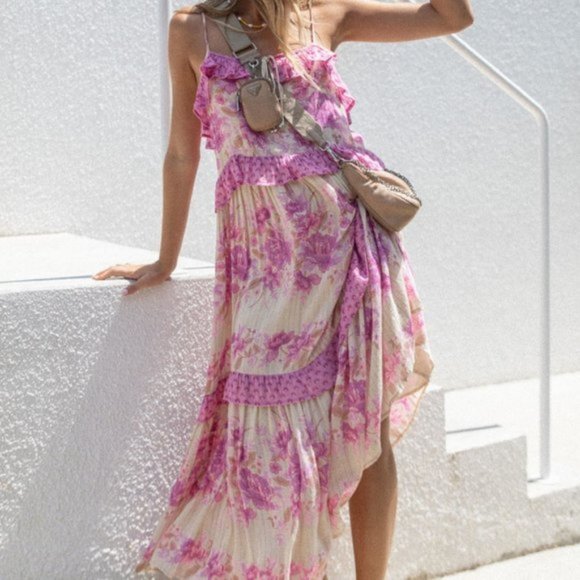 Spell Pink/White Coco Lei Lilac Floral Metallic Strappy Boho Midi Dress/Gown XXL - Picture 2 of 12